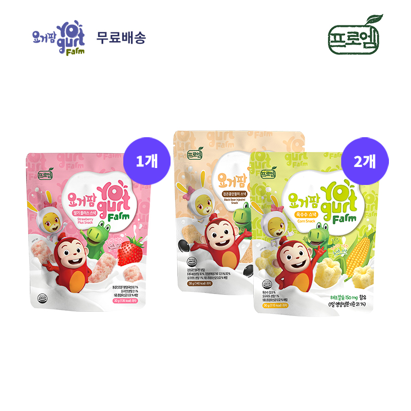 프로엠 코코몽 요거팜 딸기 플러스 스낵 1개 + 검은콩인절미, 옥수수 스낵 각 2개씩(총5개 세트)